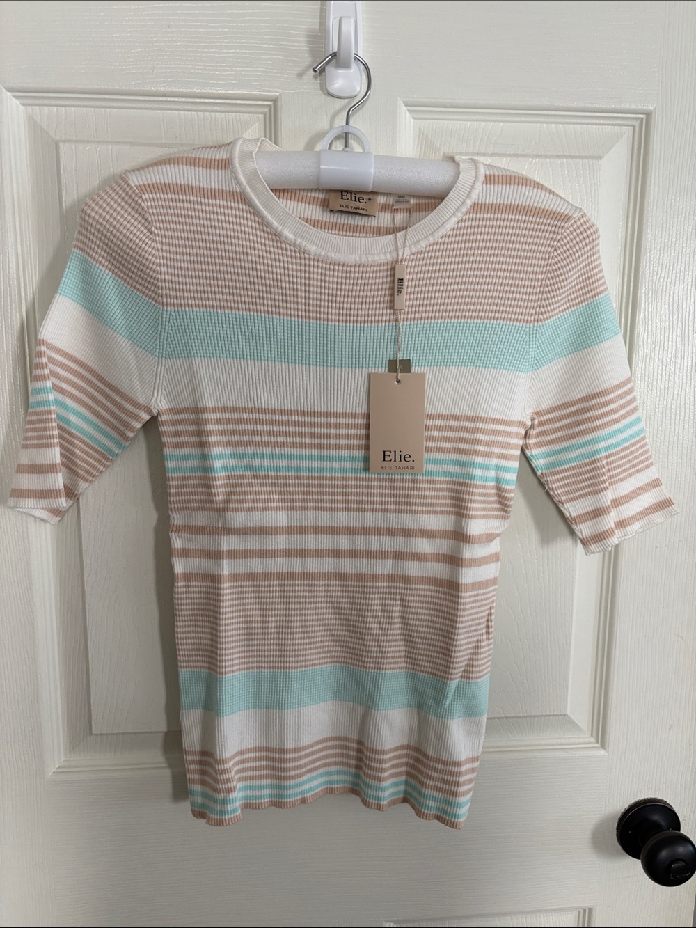 Elie Tahari Mint, Beige & White Striped Short Sleeve Tee